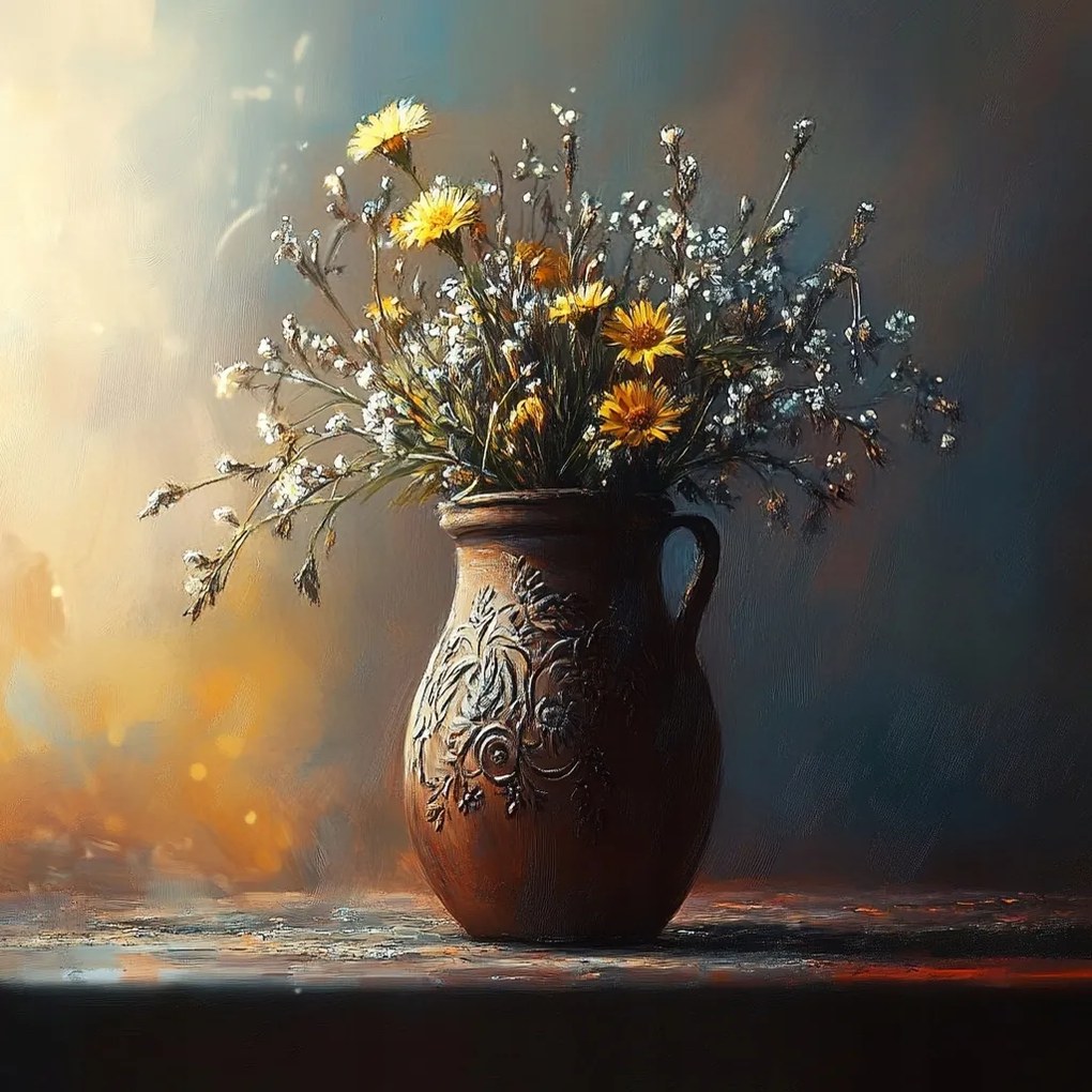 Vászonkép Canvas Csokor Mezei Virágok Váza Kancsó Vintage 80x80