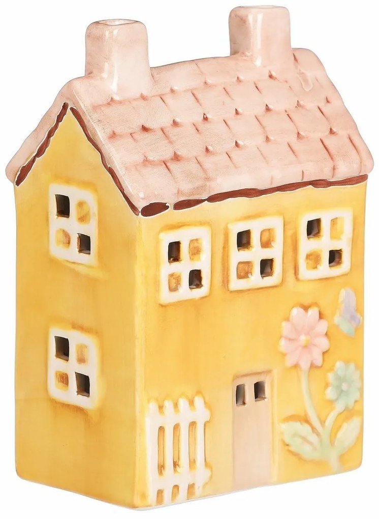 Kerámia házikó LED-del, 11 x 7 x 16 cm, tavasz, sárga
