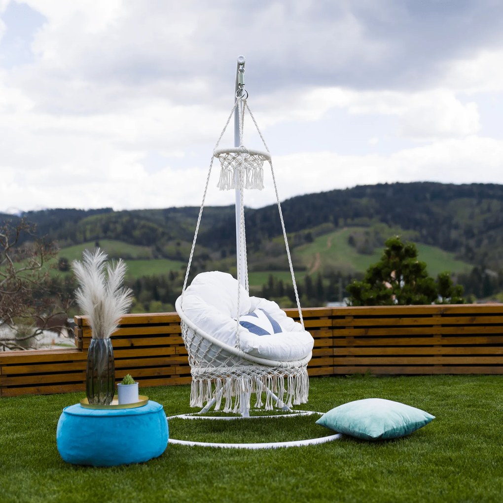 Függő hintaszék bojtokkal, fehér, DELUS