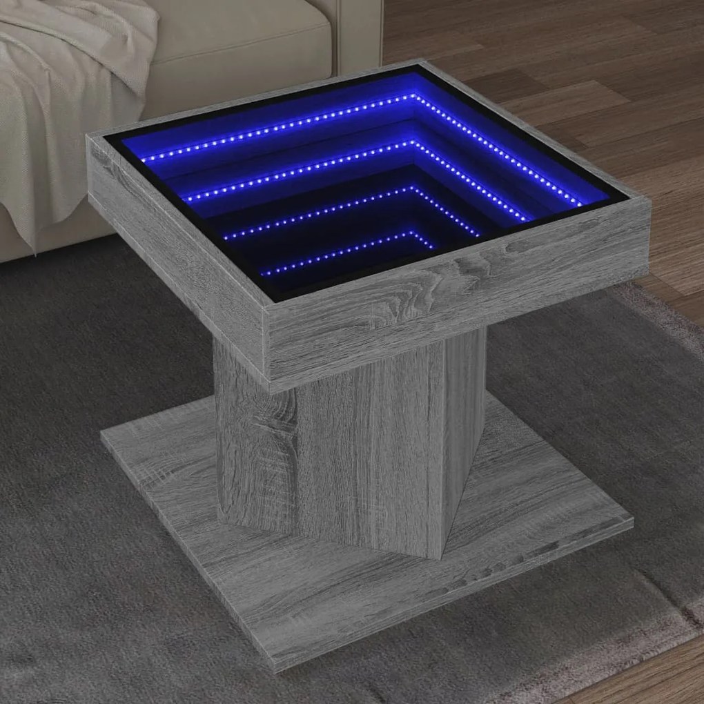 Szürke sonoma szerelt fa dohányzóasztal LED-del 50 x 50 x 45 cm