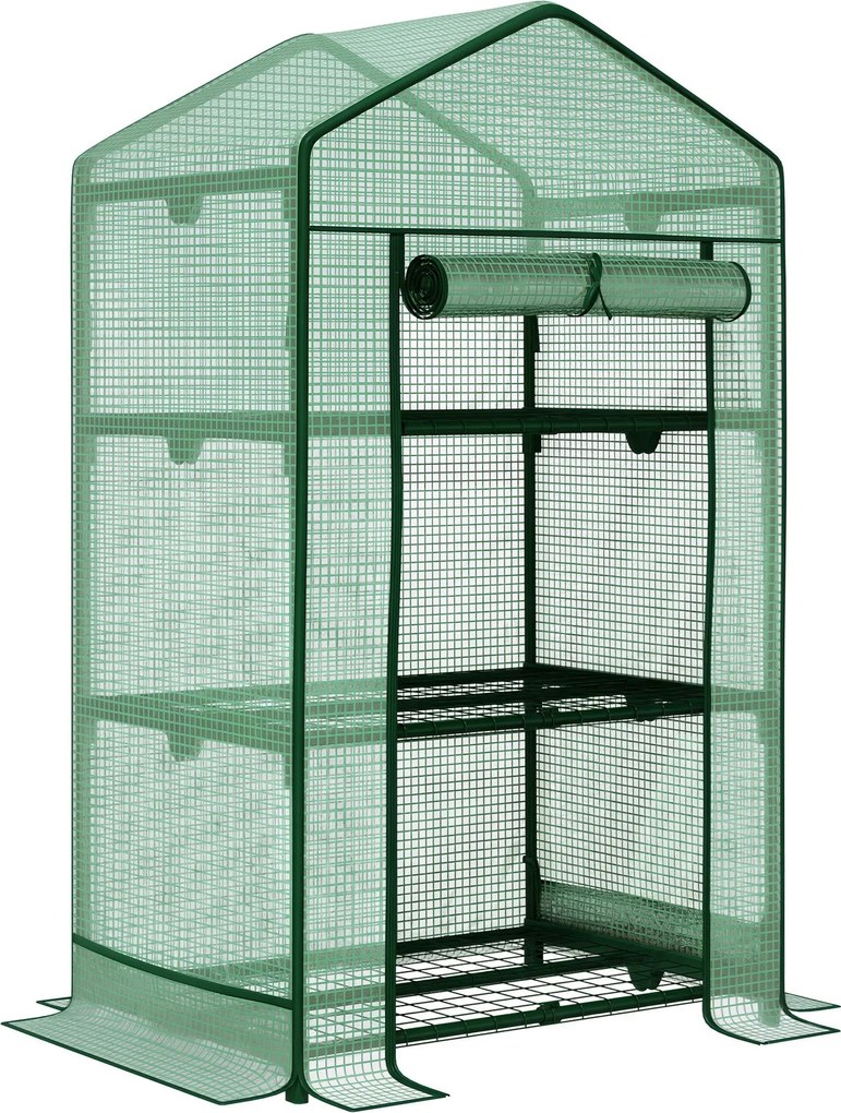 Outsunny Mini Üvegház Szaporító Üvegház Fólia Takarással és 3 Polcos Állvánnyal, Felgördülő Ajtóval | Aosom