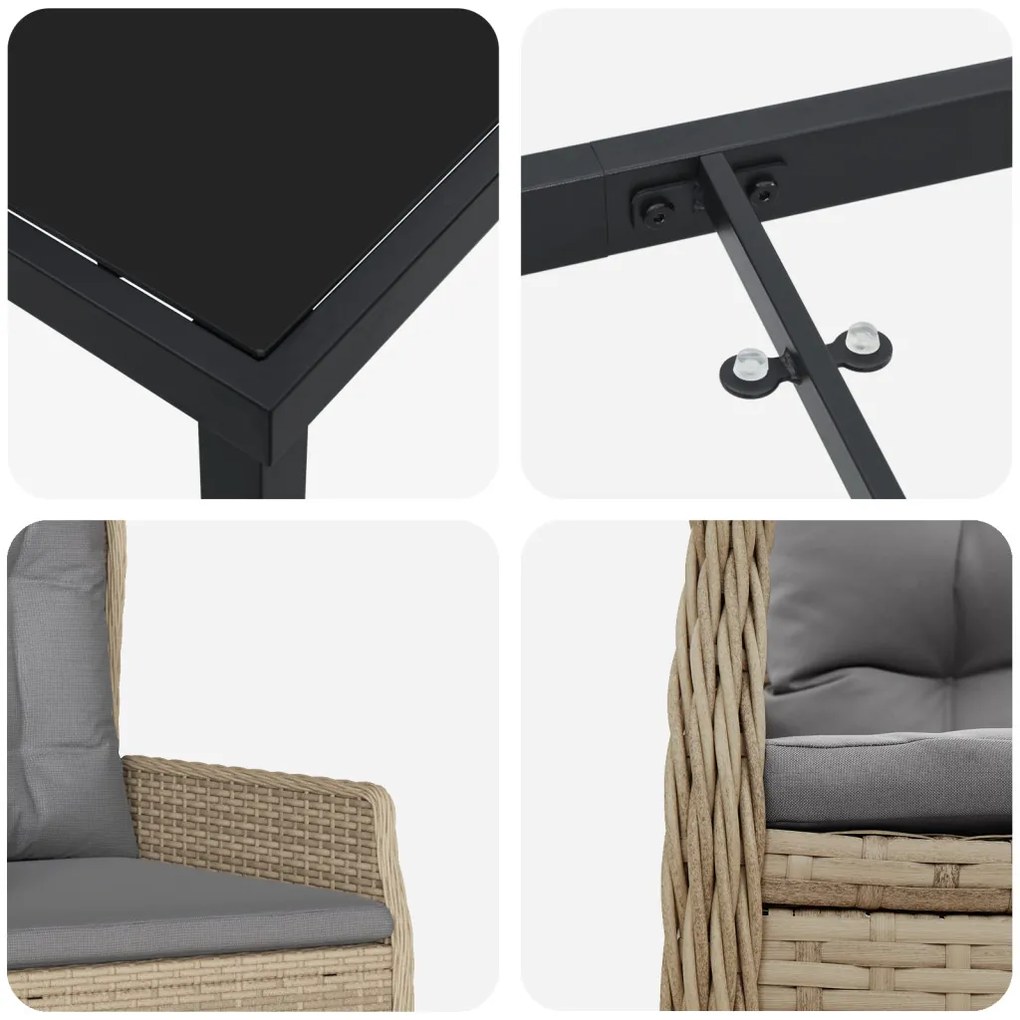 5 Darabos Kerti Étkező Garnitúra Bézs Poli Rattan, Asztal Fekete 80x80x73 cm Edzett Üveg