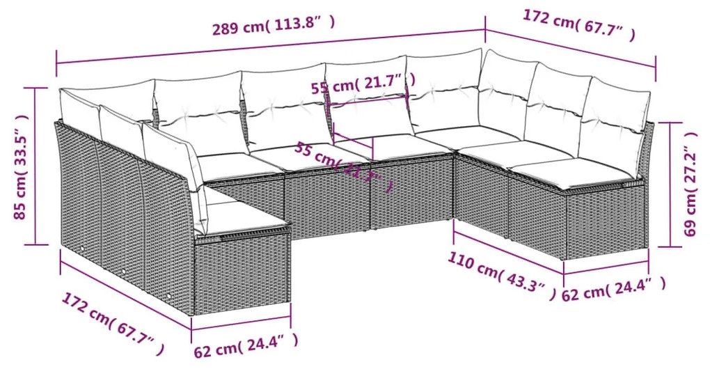 9 részes világosszürke polyrattan kerti ülőgarnitúra párnával