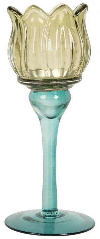 Üveg mécsestartó tulipán kehely alakú 7x19 cm kék zöld