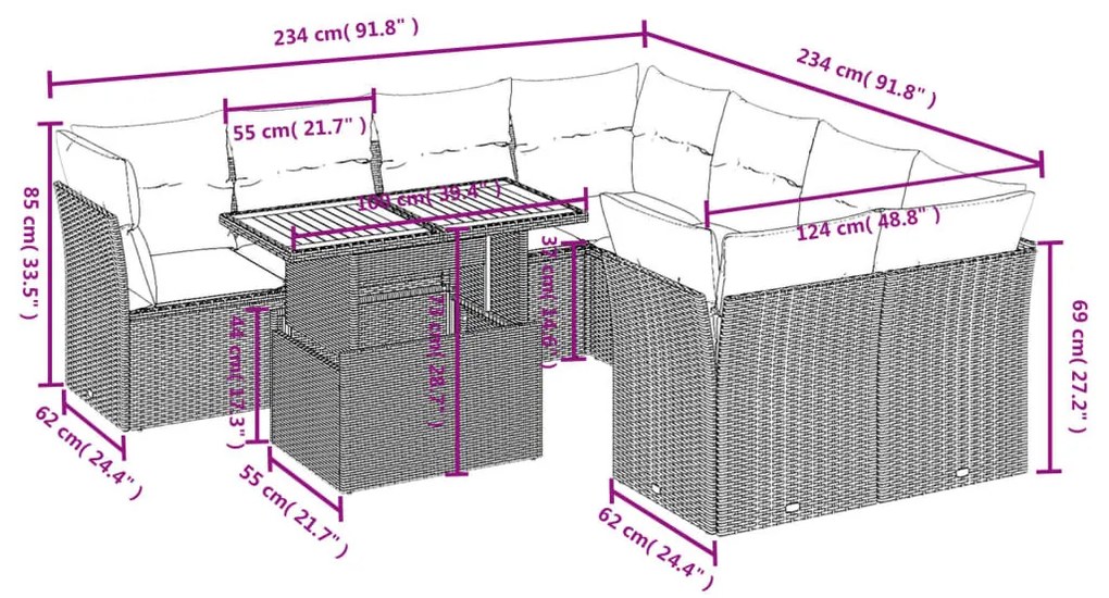 9-részes szürke polyrattan kerti ülőgarnitúra párnákkal