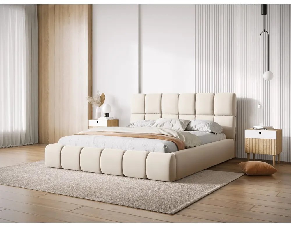 Krémszínű bársony kárpitozott ágyneműtartós franciaágy ágyráccsal 180x200 cm Bellis – Micadoni