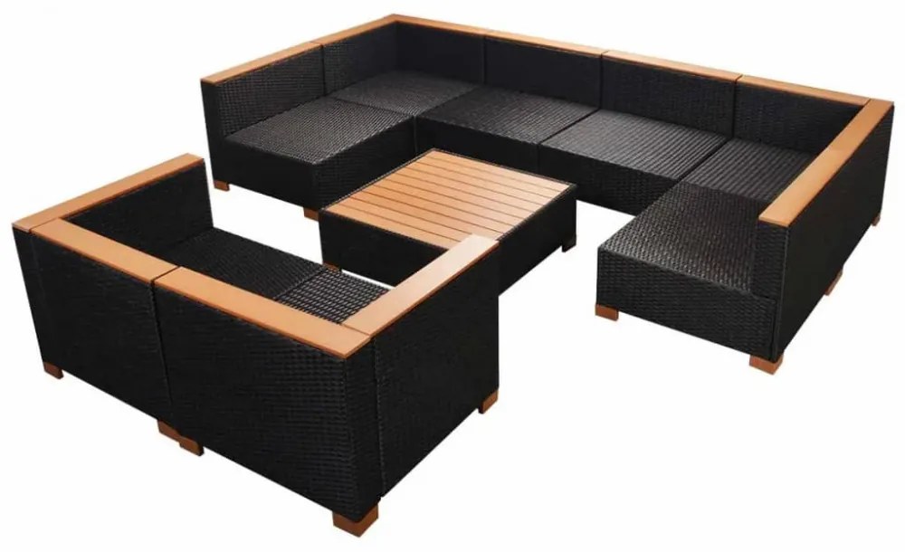 9-részes fekete polyrattan kerti bútorszett párnákkal