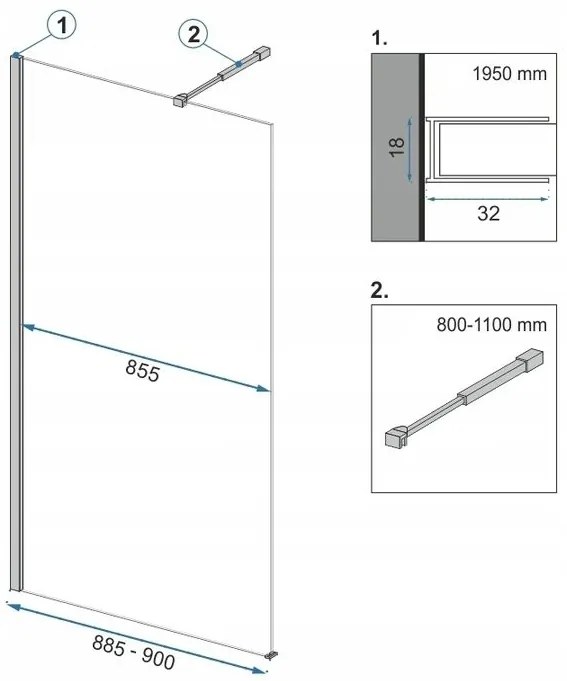 Rea Aero, zuhanykabin paravánja 90 cm + EVO polc és akasztó, 8 mm átlátszó üveg, fekete profil, KPL-K7581