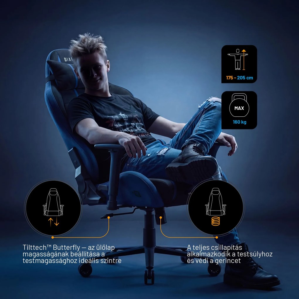 Gamer szék szövet King Size, fekete-kék: Diablo X-One 2.0 Night Blue