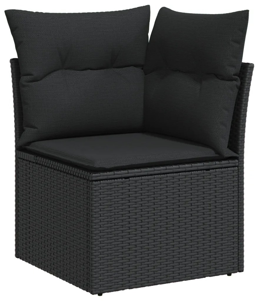 12 darabos kerti sofa szett párnákkal fekete poli rattan akácfa, 3 darabos kerti étkező szett párnákkal fekete poli rattan akácfa