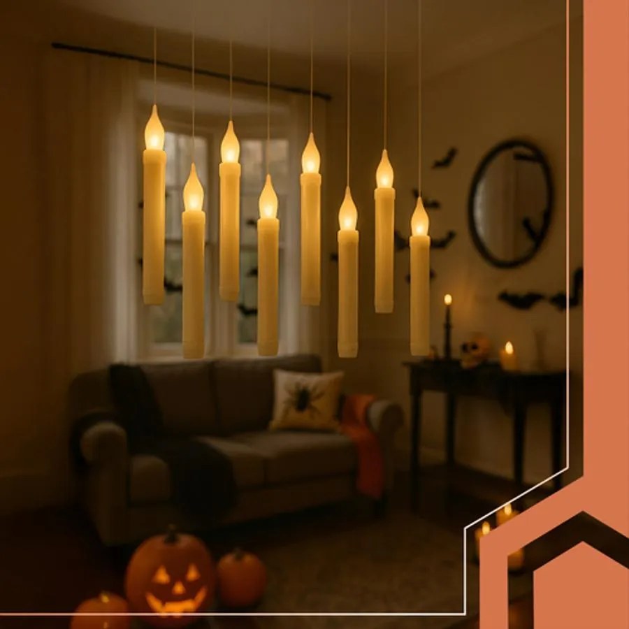 12 db-os LED-gyertya szett, lebegő hatással zsinóron, 16,5 cm magas/db, fehér