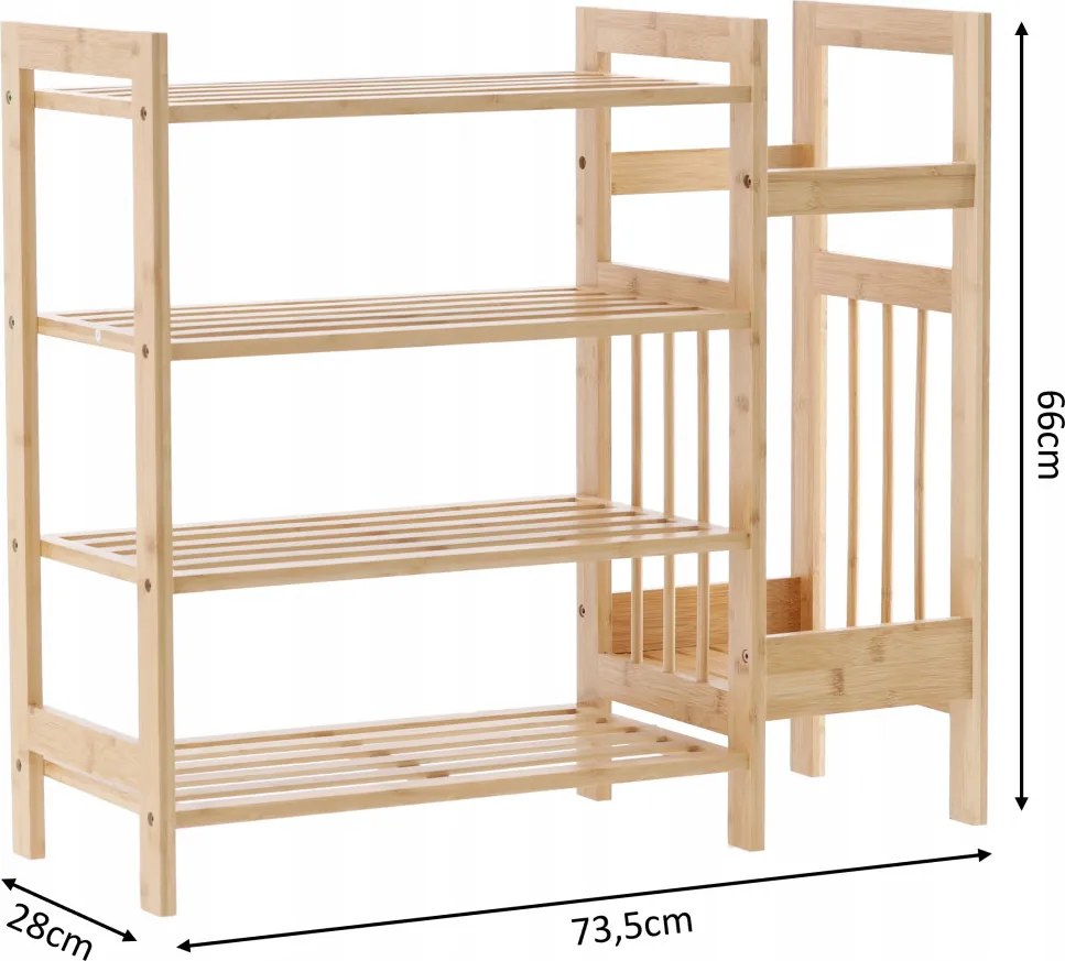 4 szintes bambusz polc kiegészítő oldalsó polccal 73,5 x 28 x 66 cm