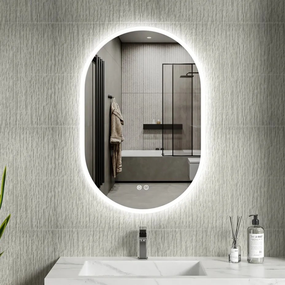 Erga Demi, ovális LED tükör 60x90cm, 3 színű fény, első világítás, páramentes fűtőbetét, ERG-V01-Demi-6090-CL