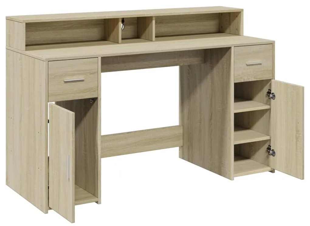 sonoma tölgy színű szerelt fa íróasztal LED-ekkel 140x55x91 cm
