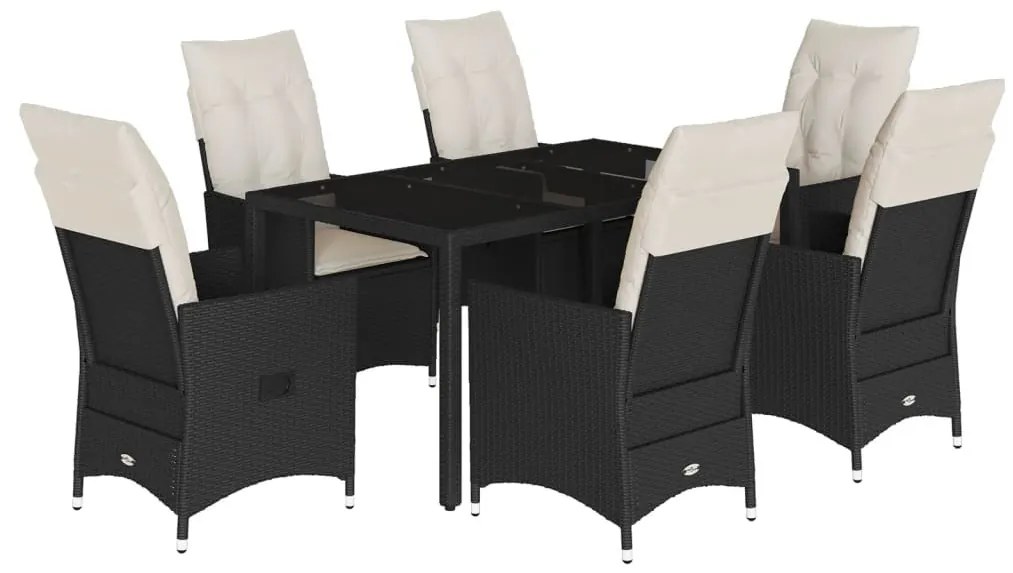 7 részes fekete polyrattan kerti étkezőgarnitúra párnával