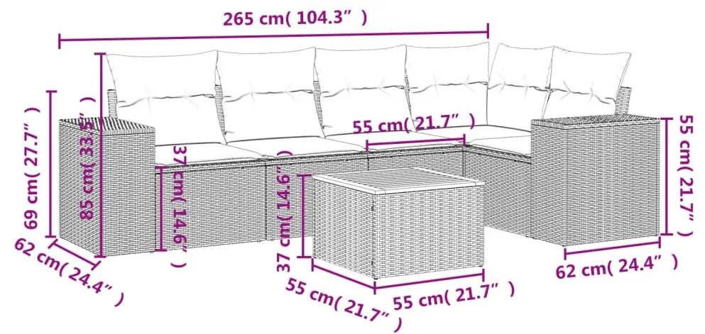 6 részes fekete polyrattan kerti ülőgarnitúra párnákkal