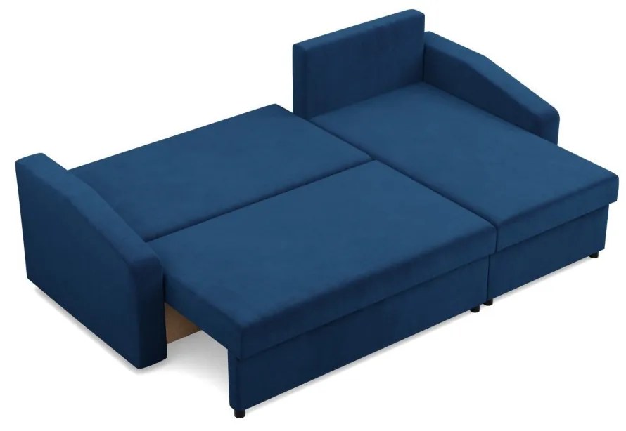 Zeus sarokkanapé, 2 ágyneműtartóval, döntött kartámasz, bársony, univerzális oldal, bonell töltet, kék