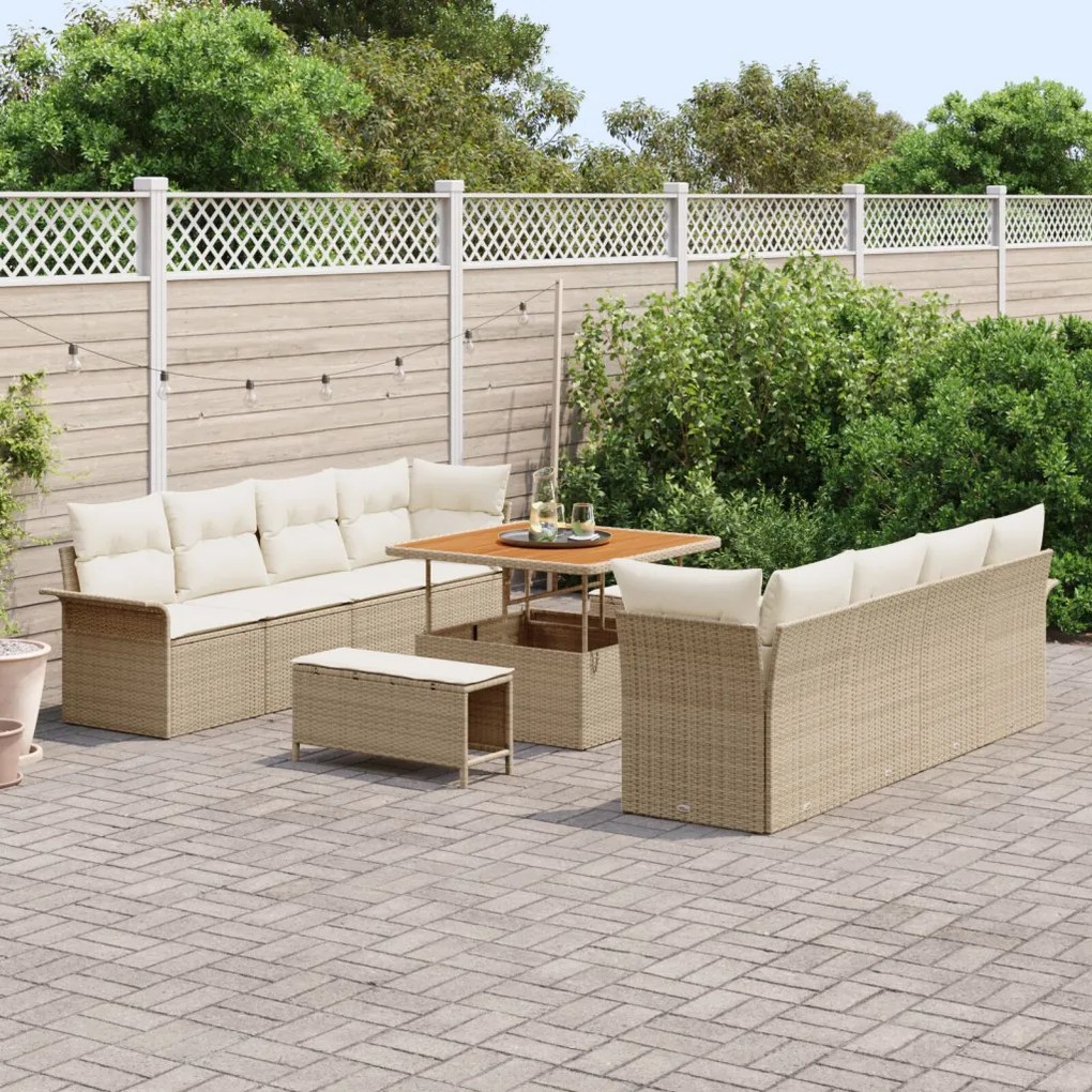11 darabos kertiszófa szett párnákkal Bézs Poli Rattan Akácia, 2 üléses kertiszófa tárolóval és párnákkal Bézs Poli Rattan, 3 darabos kert étkező szett párnákkal Bézs Poli Rattan Akácia