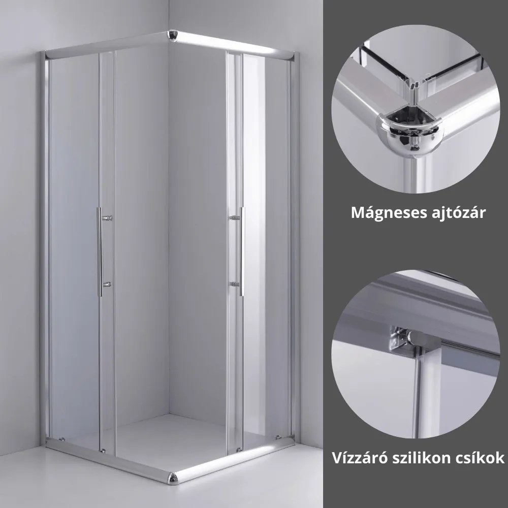 Stuxi Nizza 100x100 cm szögletes két tolóajtós zuhanykabin 6 mm vízlepergető biztonsági üveggel, króm elemekkel, 190 cm magas, zuhanytálcával és szifonnal