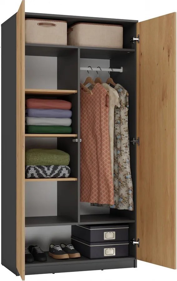 MIX SD-90 gardróbszekrény akasztós és polcos résszel, antracit-tölgy