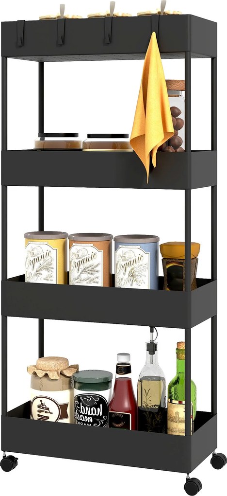 HOMCOM 4 Szintes Szervírozó Kocsi Kerekekkel, Irodai, Fürdőszobai, Konyhai Táska, Fehér, Fekete | Aosom