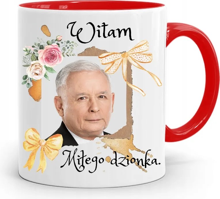 Piros Vicces Bögre Jaroslaw Kaczynski fényképes nyomattal