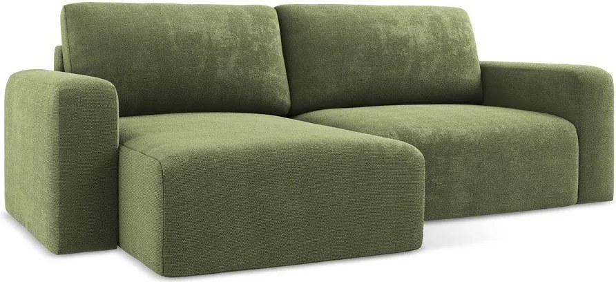 Zöld zsenília kinyitható-tárolóhelyes sarokkanapé (bal oldali-heverő résszel) Kona – Makamii