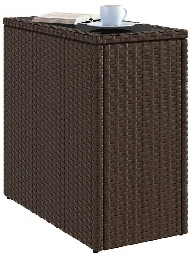 barna polyrattan kerti kisasztal üveg lappal 58 x 27,5 x 55 cm