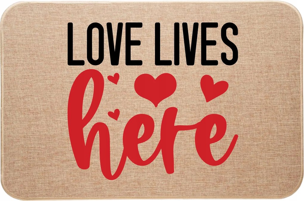 Lábtörlő lenvászon dísz Valentin napra Love lives Here A szerelem itt él