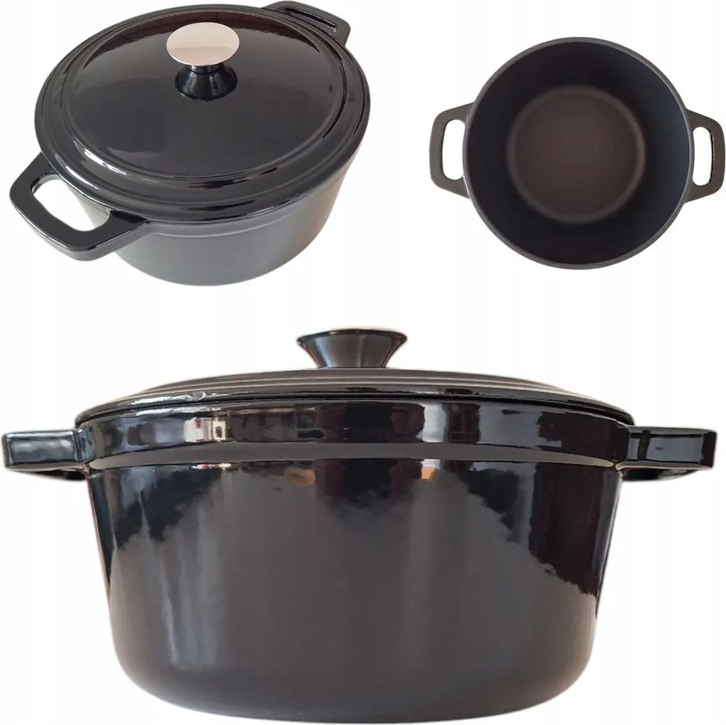 Öntöttvas Fazék 4.5L Tömör Zománcozott Fazék Fedővel Fekete Serpenyő