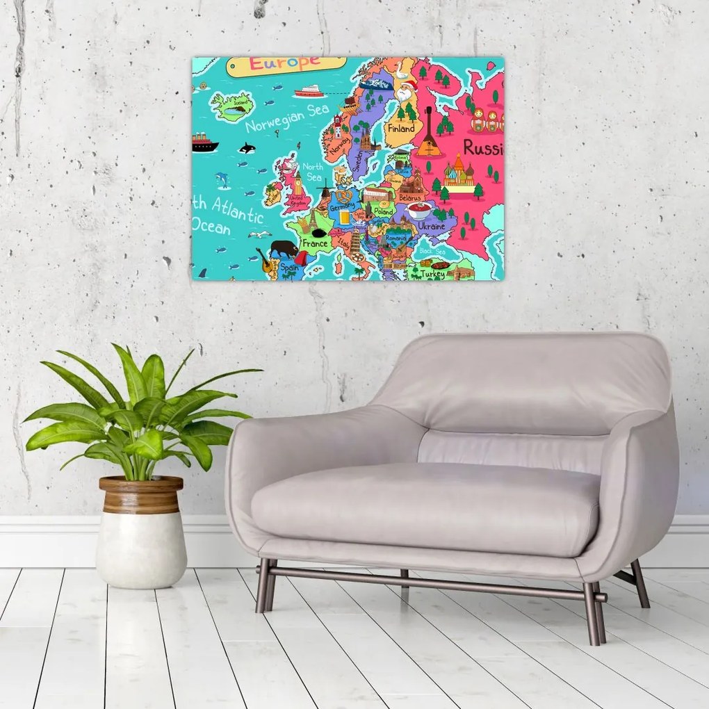 Kép - gyermek térkép Európa (üvegen) (70x50 cm)