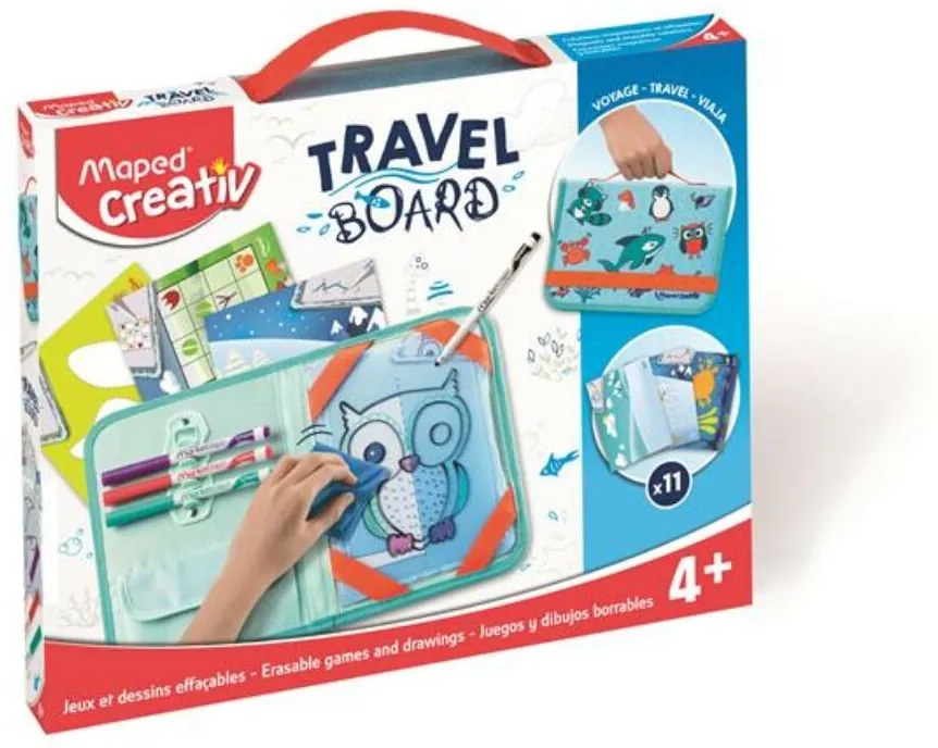 Kreatív készségfejlesztő tábla, átlátszó, törölhető, utazótáskával, MAPED CREATIV, Travel Board, állati móka (IMAC969310)