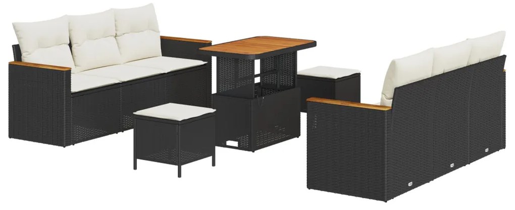 9 darabos Kerti Sofa Szett párnákkal Fekete Polirattan Akácia
