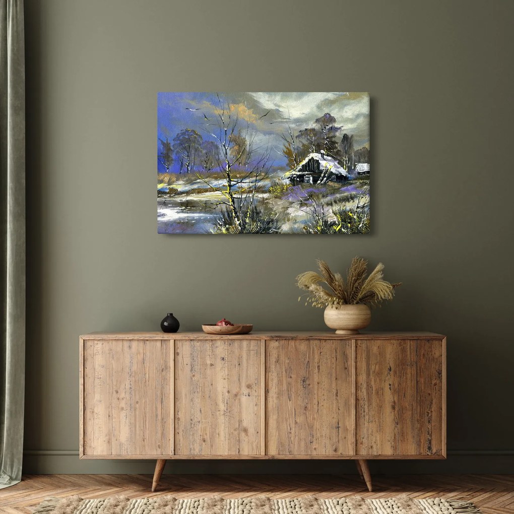 Téli tájon lévő házikó képe, olajfestmény (90x60 cm)