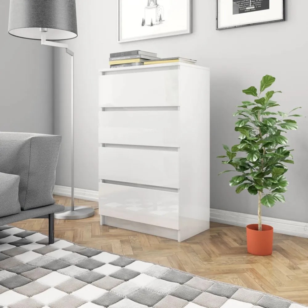 Magasfényű fehér forgácslap tálalószekrény 60 x 35 x 98,5 cm