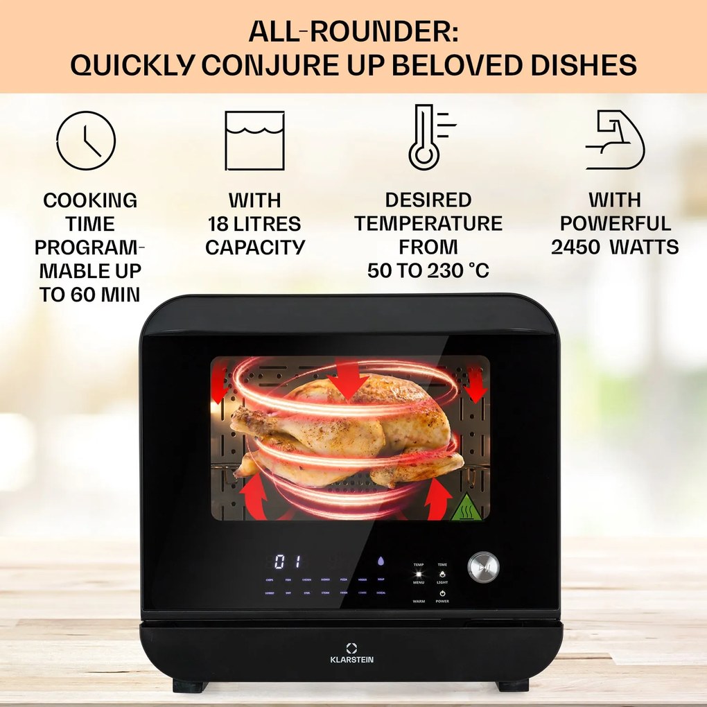 Klarstein Vita Pro, forrólevegős fritőz gőzfőzéssel, 2450 W, 18 l, 14 program, 800 ml víztartály
