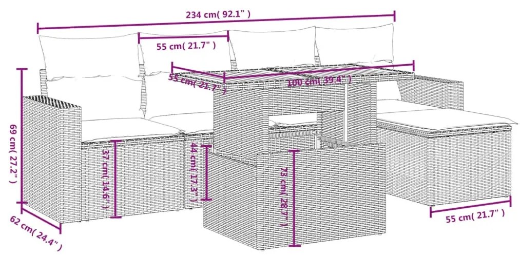 6 részes fekete polyrattan kerti ülőgarnitúra párnákkal