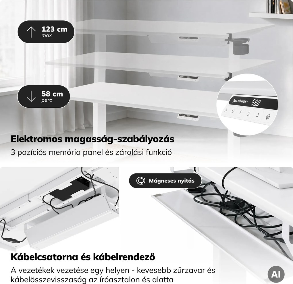 Elektromos, állítható magasságú, ergonomikus, fehér íróasztal,1600x800 mm: ARIA