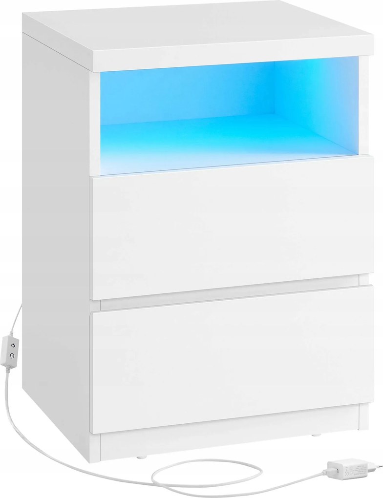 Éjjeliszekrény Led világítással 25 színben – fehér, 2 fiók, polcok
