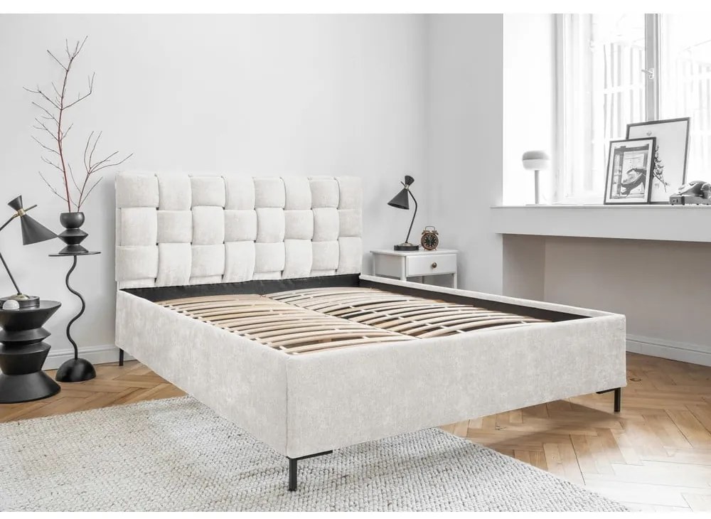 Krémszínű kárpitozott franciaágy ágyráccsal 160x200 cm Eve – Miuform