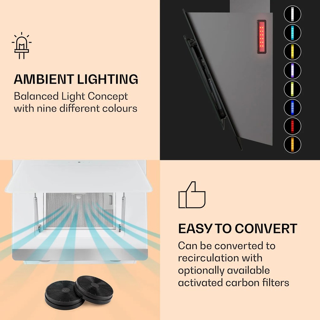 Klarstein Aurora Eco 90, páraelszívó, 69 cm, falra szerelhető, 550 m³/h, A+, érintéses vezérlés, fehér