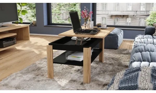 Átalakítható konferenciasztal emelhető lappal és polccal, ADEN tölgy/fekete