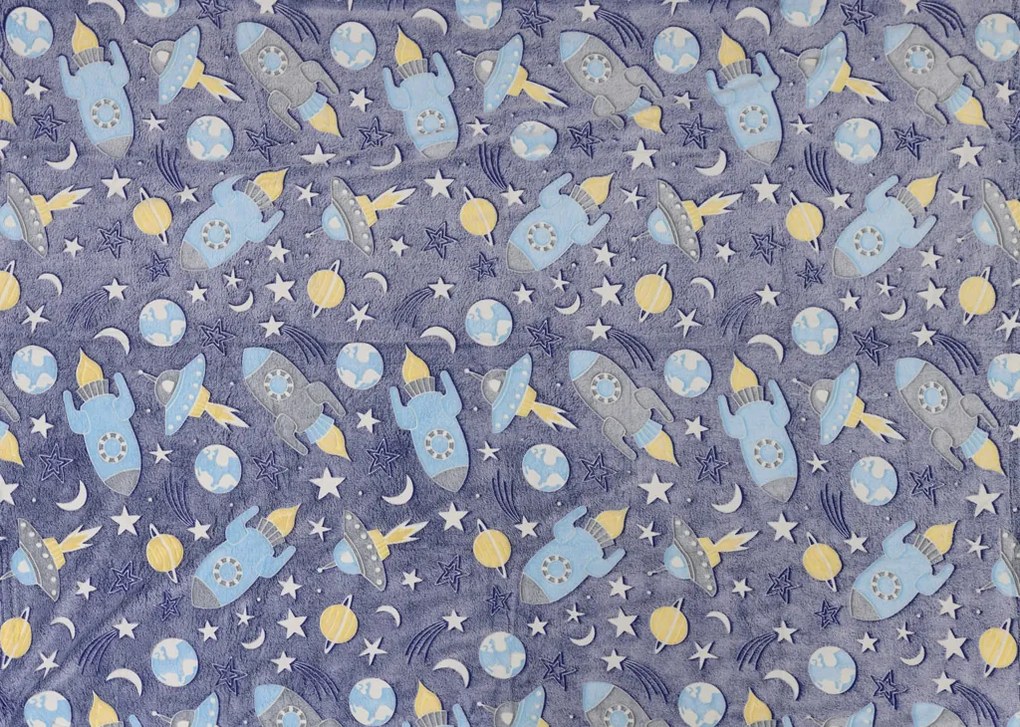 COMETS AND ROCKET kék-szürke mikroflanel világító takaró 150x200 cm