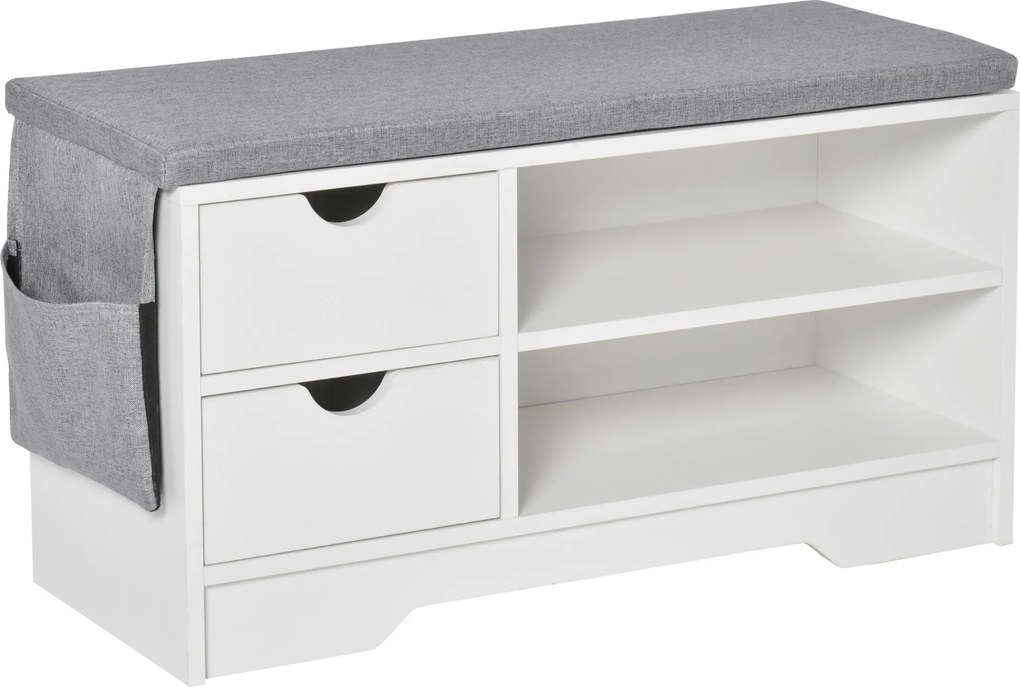 HOMCOM Cipőtartó Pad Üléssel, 2 Polccal, Levehető Párnázott Táskával és 2 Fiókkal. Bejárati Pad 4 Pár Cipőhöz modern Előszobába, 80.5x30.5x43.5 cm, Fe