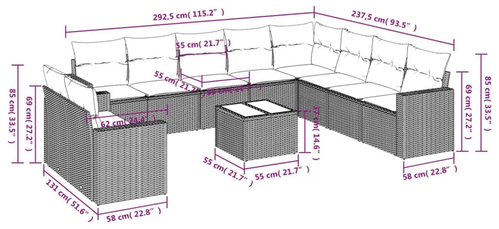 11 részes világosszürke polyrattan kerti ülőgarnitúra párnákkal