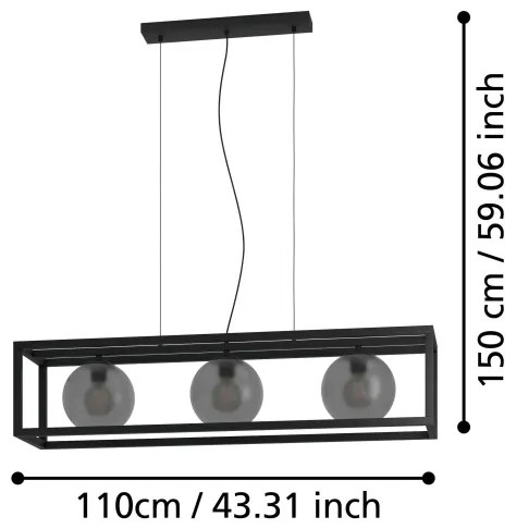 Eglo 390215 - Csillár zsinóron ARANGONA 3xE27/40W/230V füstös/fekete