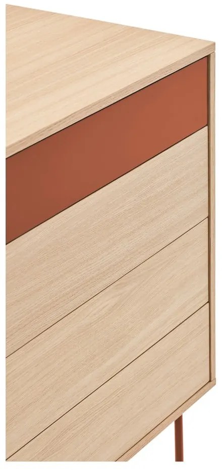 Yoko téglavörös fiókos komód tölgyfa dekorral - Teulat