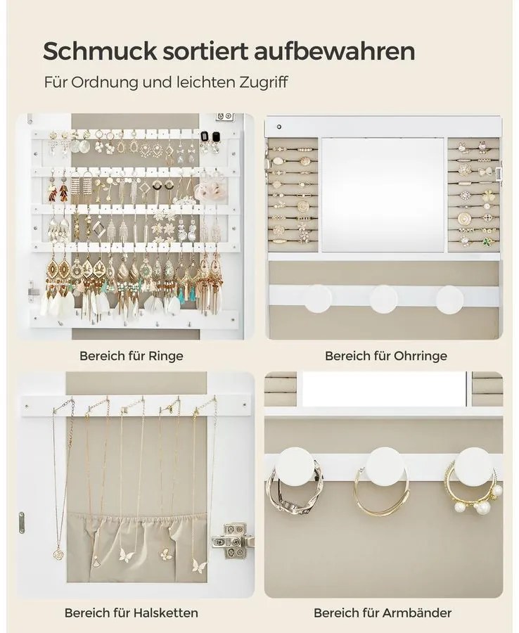 SONGMICS LED-es tükör ékszertárolóval 10×42×108 cm, fehér