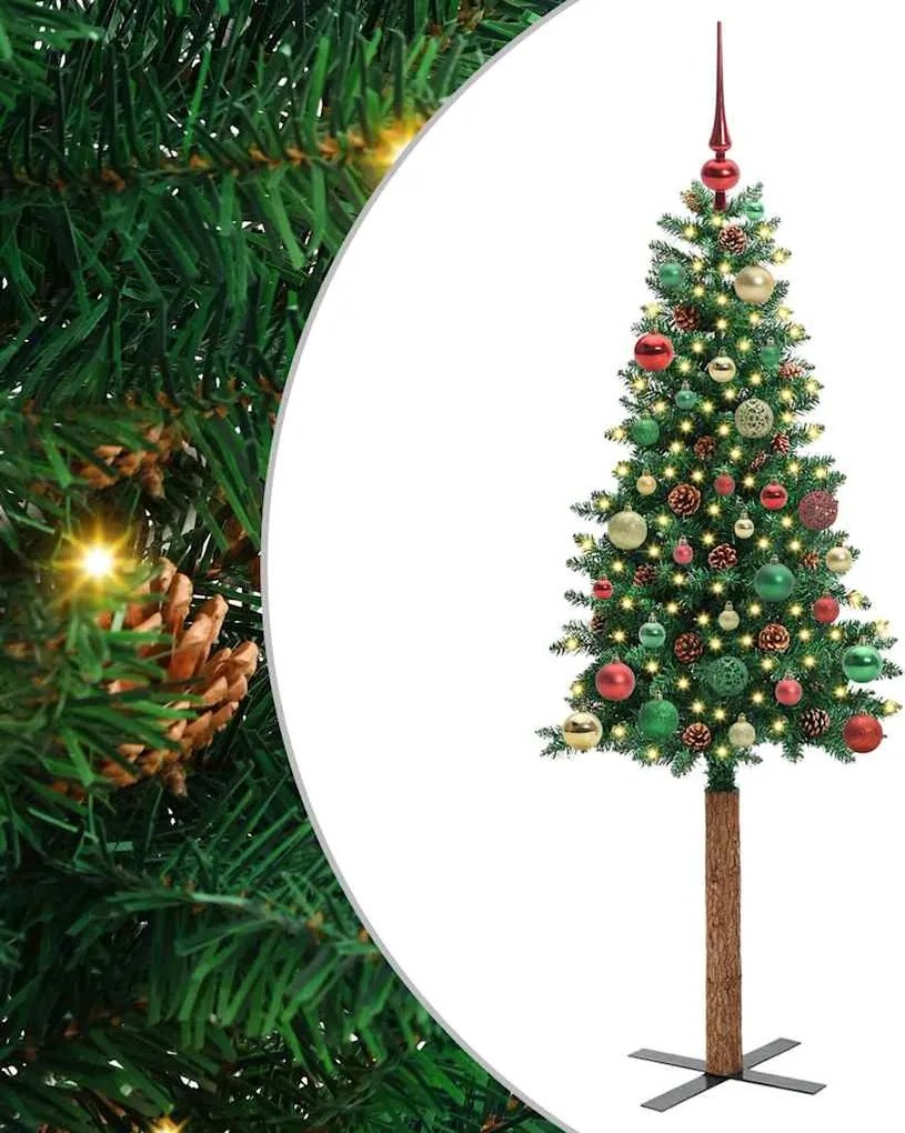 vidaXL Karcsú karácsonyfa 150 LED-del Zöld 150 cm PVC és tömör fenyőfa