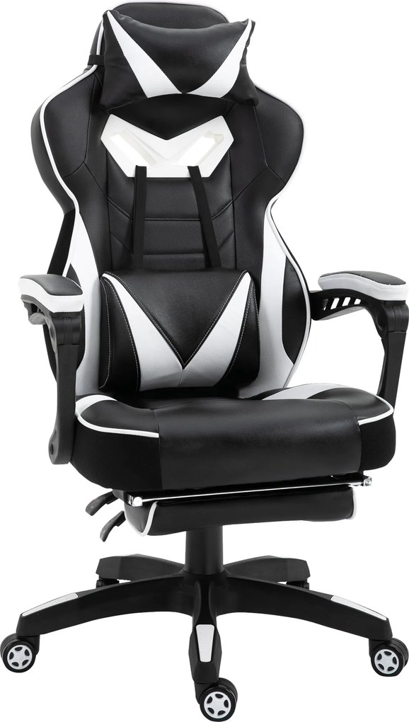 Vinsetto Ergonomikus Játék Szék Irodai Szék Magasságban Állítható Dőlt Hátlap Lábpihenő Fejtámla Derékpárna Kerekek 65x70x118.5-128.5 cm Fehér | Aosom